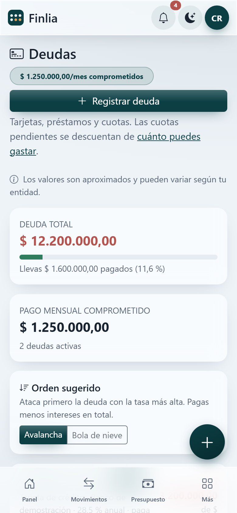 Panel de deudas de Finlia con el total, el pago mensual comprometido y el orden sugerido.