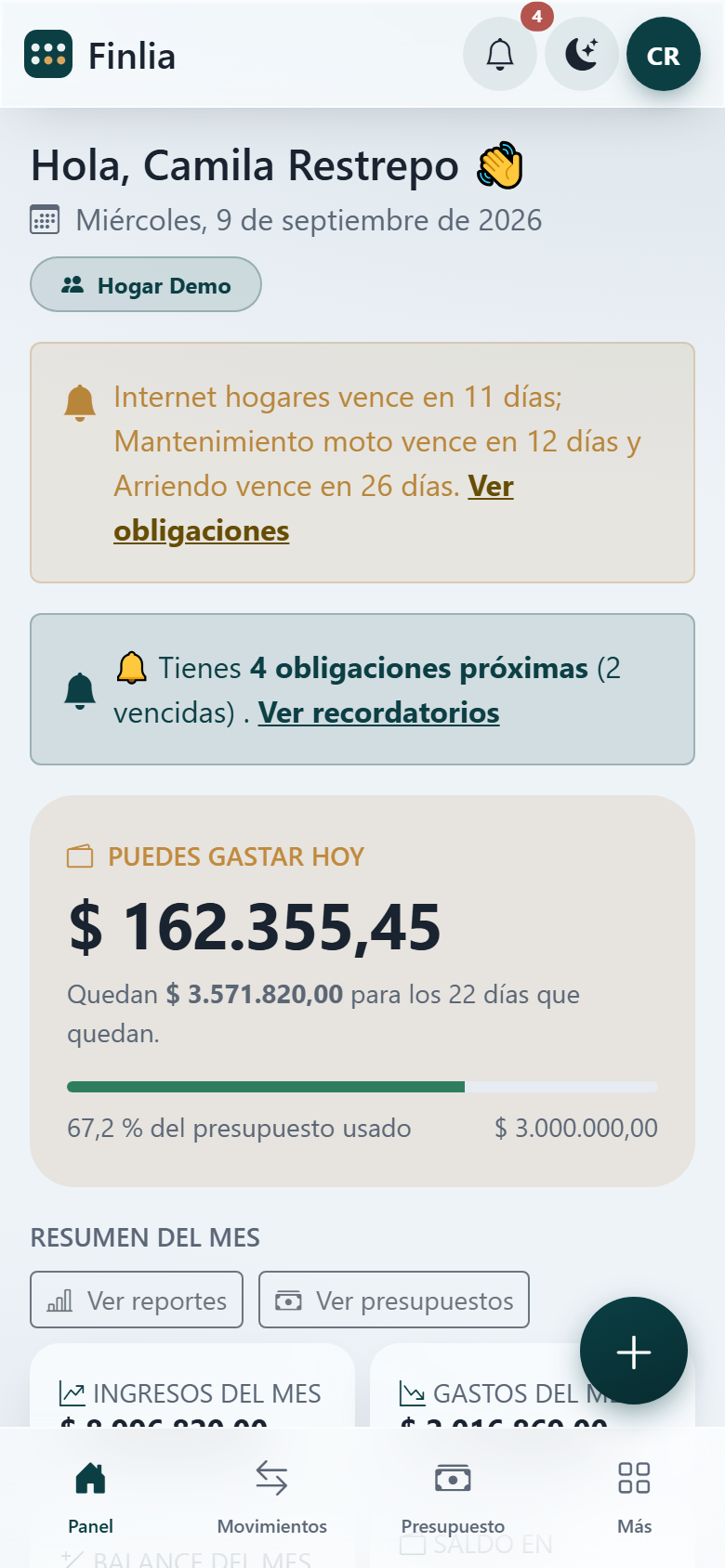 Panel de Finlia con el saludo, las obligaciones próximas y el resumen del mes.