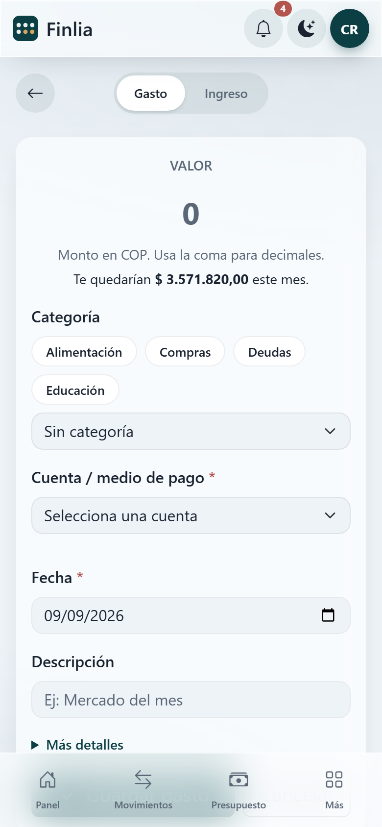 Formulario de Finlia para registrar un gasto en pocos segundos.